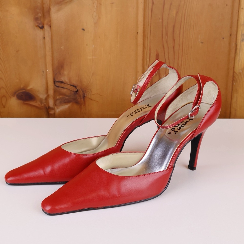 Valley Lane Red Genuine Leather Pointed Toe Ankle Strap Stiletto Heels 8.5M